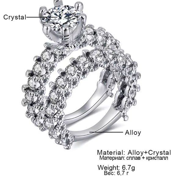Silver Crystal Engagement Ring Set – Elegant Double Band Bridal 
Small size - Picture 12 of 15